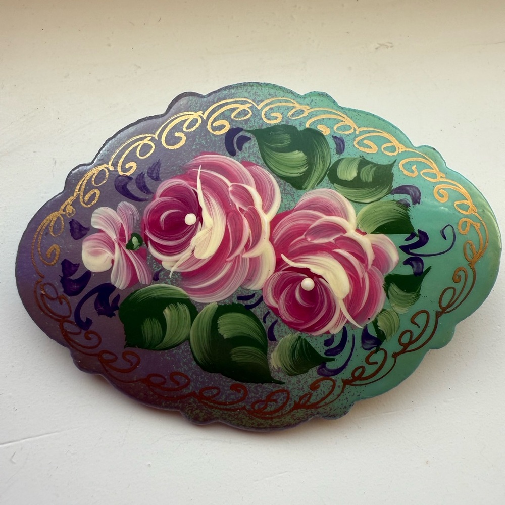 Signed Russian Lacquer Floral Hand-Painted Brooch